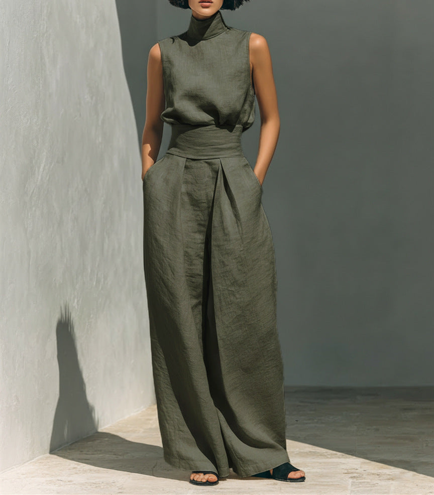 Stand-up Collar Pullover Top And Loose Straight-leg Trousers