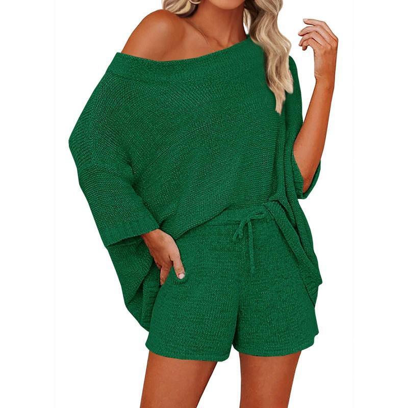 2 Piece Off Shoulder Knit Short Set