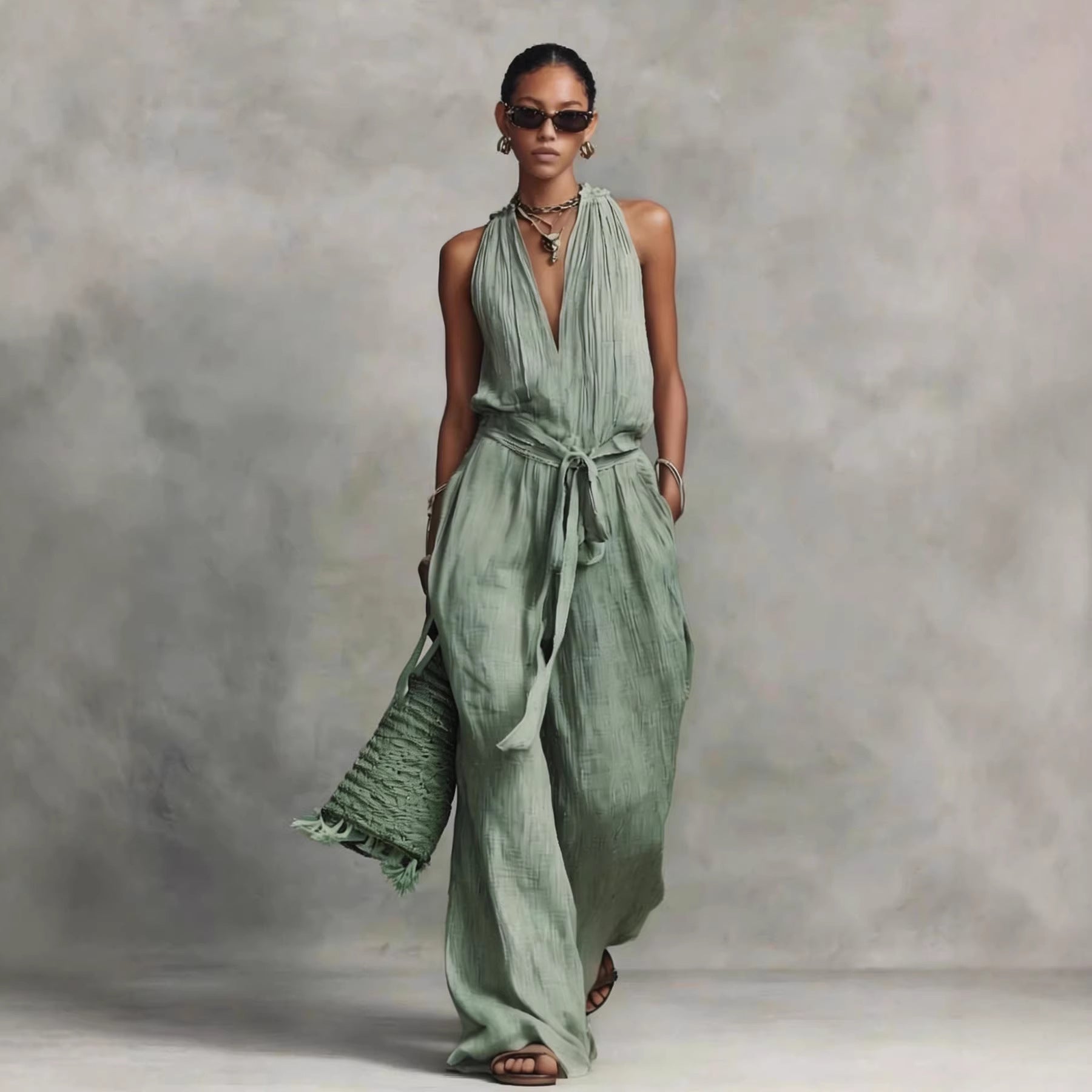 Casual Lace-up Sleeveless Cotton-blend Jumpsuit
