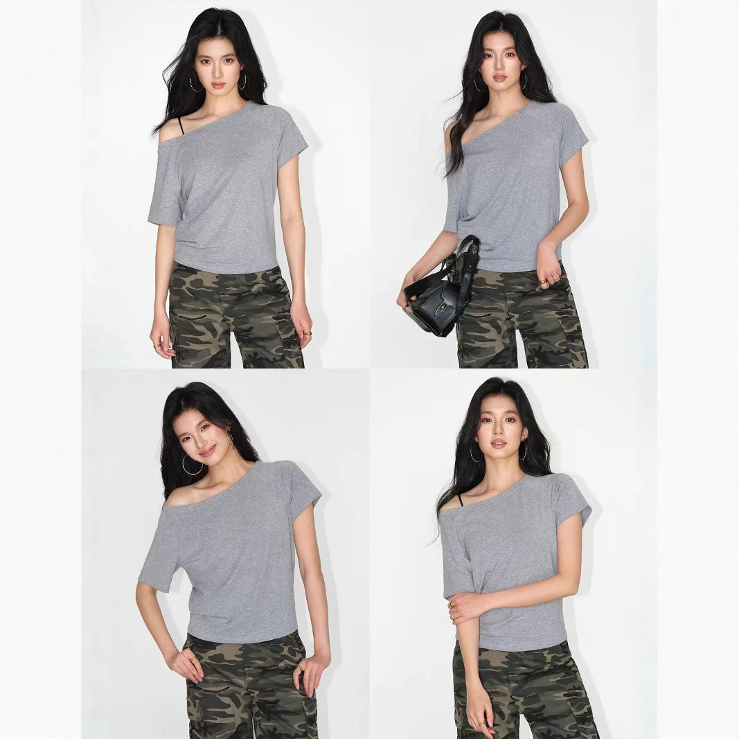 Loose Oblique Shoulder Tops Short Sleeve