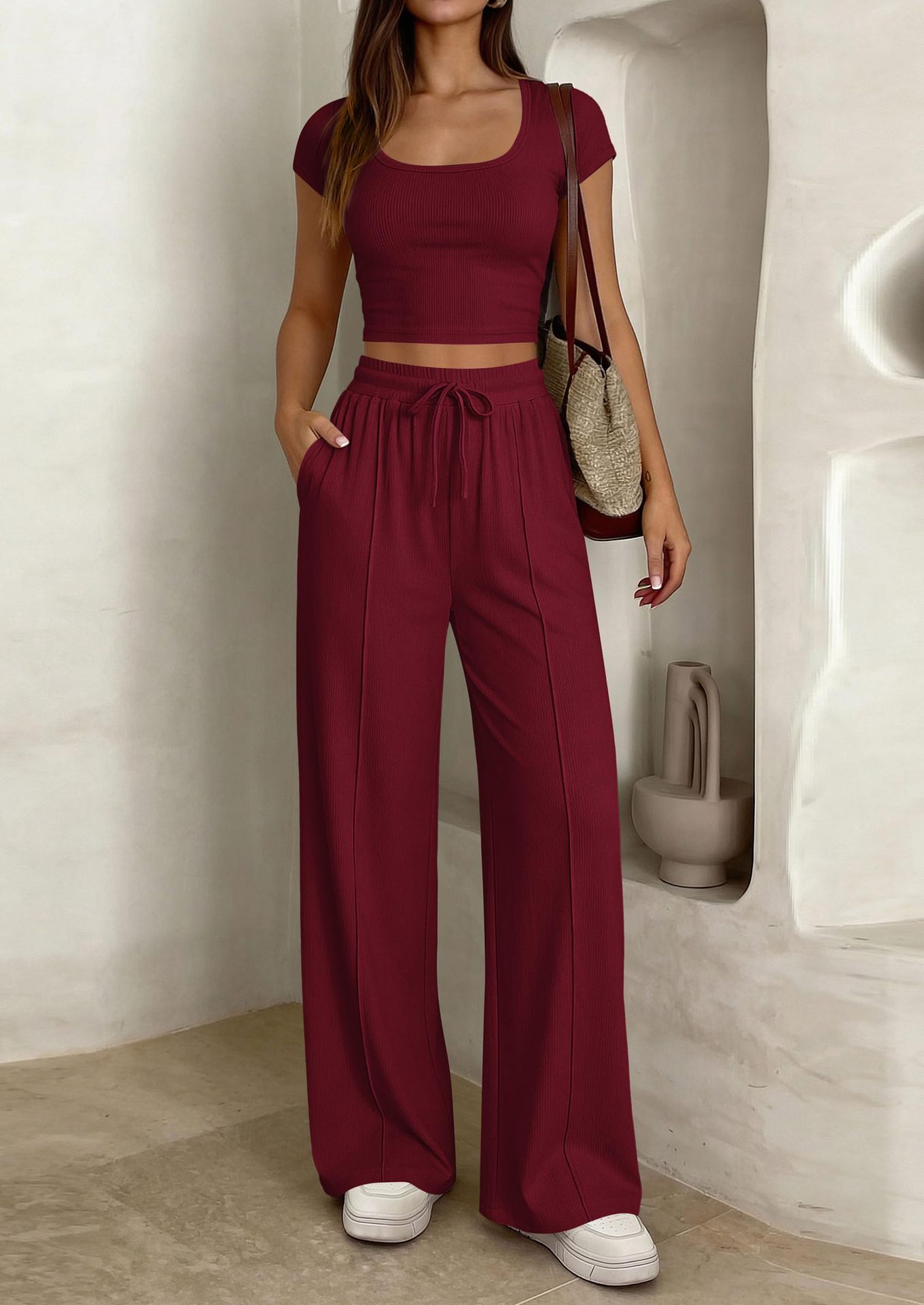 2-piece Short-Sleeve Pants Set with Crop Top