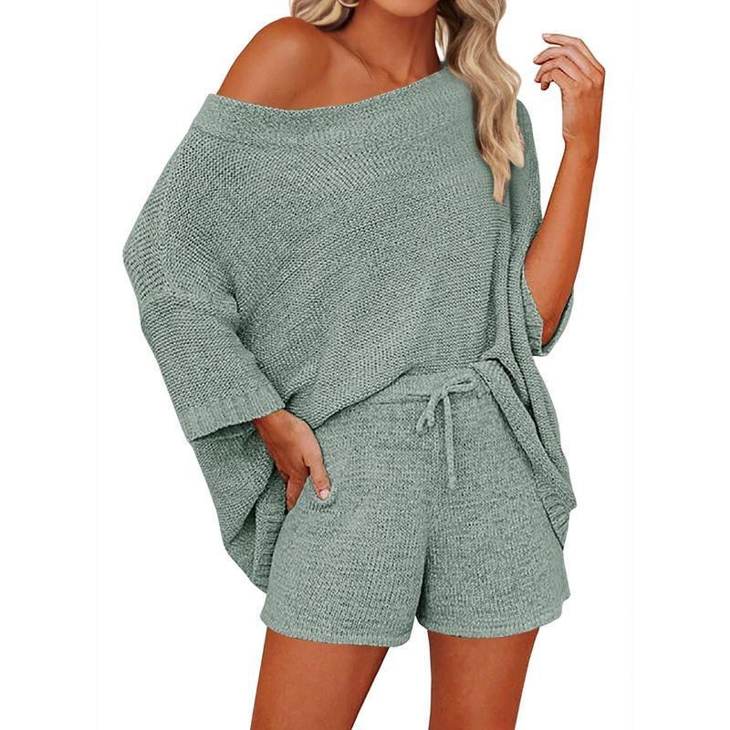 2 Piece Off Shoulder Knit Short Set