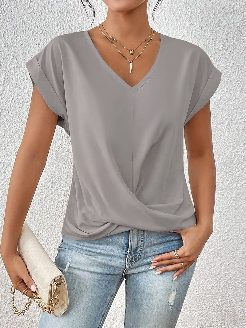 Fashion V-neck Short-sleeve T-shirt Summer Casual Irregular Knot Top For Women Clothing