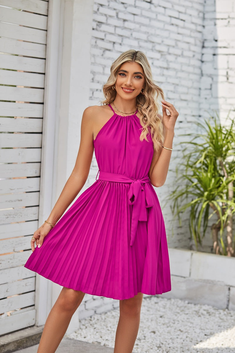 Halter Style Neckline Dress with Pleated Skirt