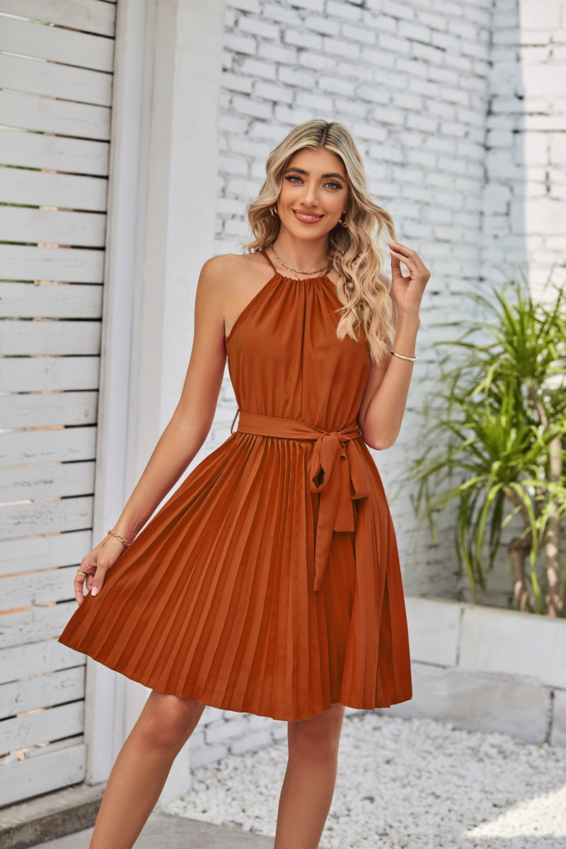 Halter Style Neckline Dress with Pleated Skirt