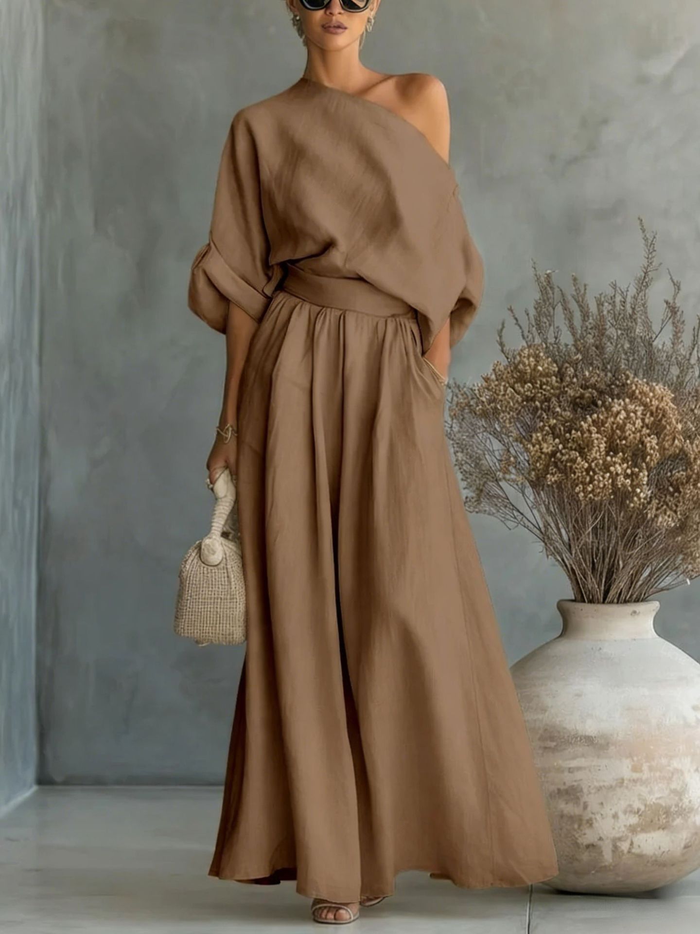 Cropped Off-shoulder Top And Pants Two-piece Set