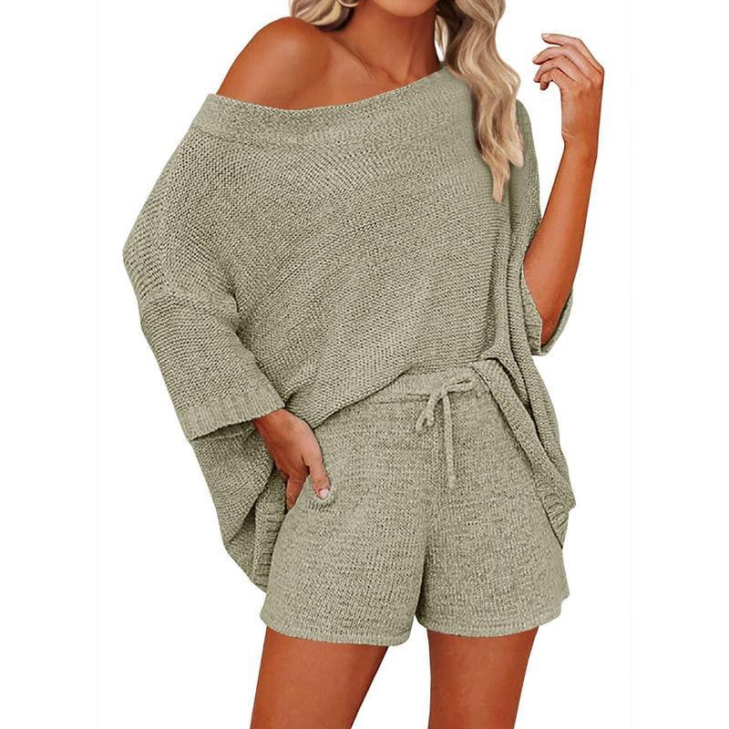 2 Piece Off Shoulder Knit Short Set