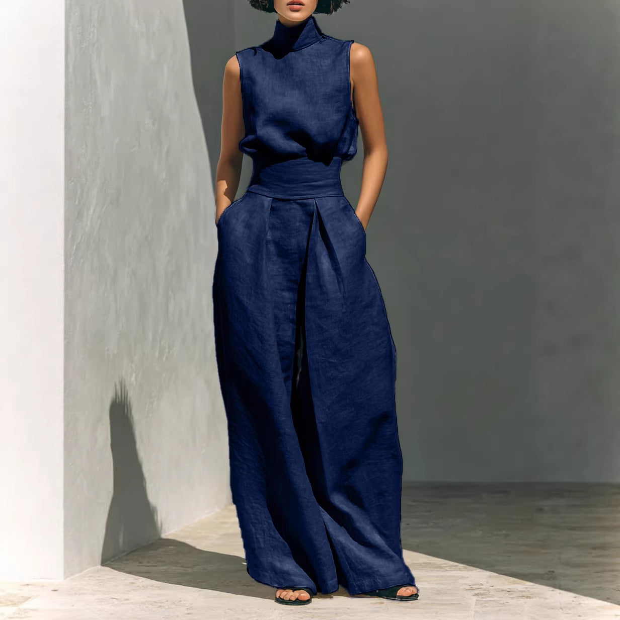 Stand-up Collar Pullover Top And Loose Straight-leg Trousers