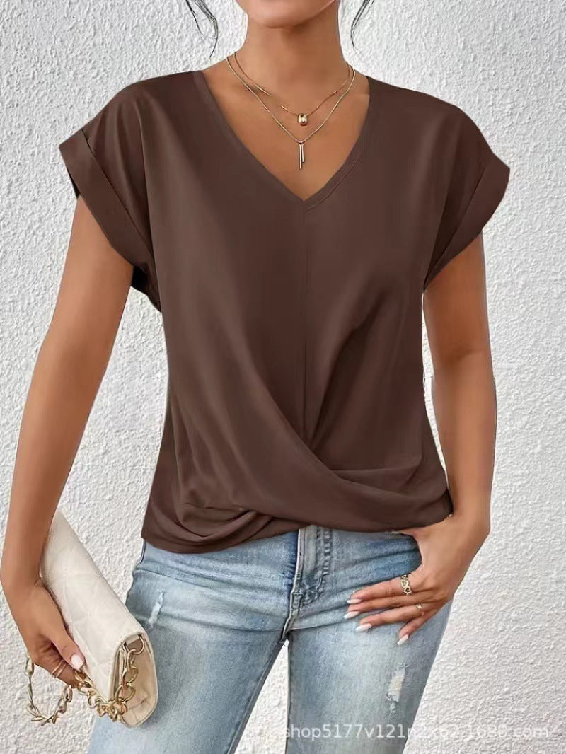Fashion V-neck Short-sleeve T-shirt Summer Casual Irregular Knot Top For Women Clothing