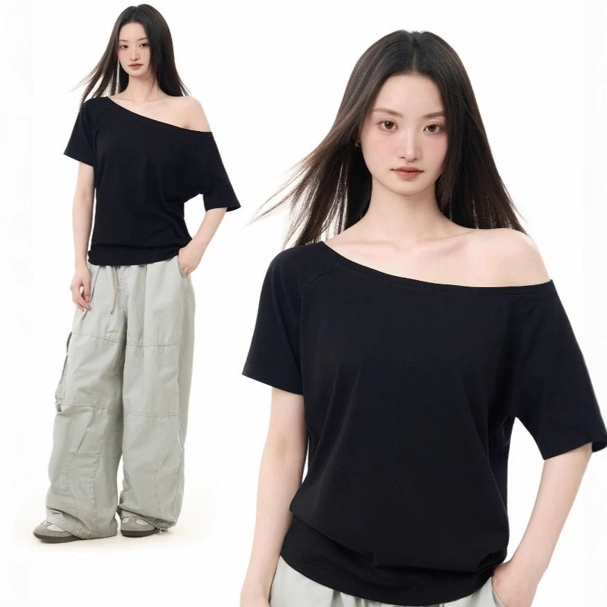 Loose Oblique Shoulder Tops Short Sleeve