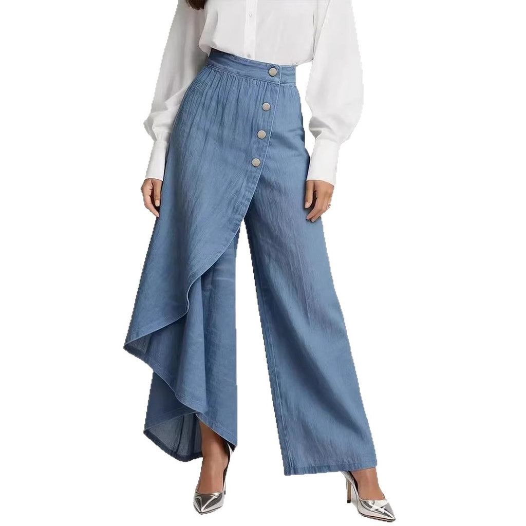 Unique Straight-leg Pants Fashion Large Ruffled Buttons Trousers Women's Faux Jeans Clothing
