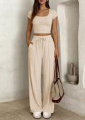 2-piece Short-Sleeve Pants Set with Crop Top