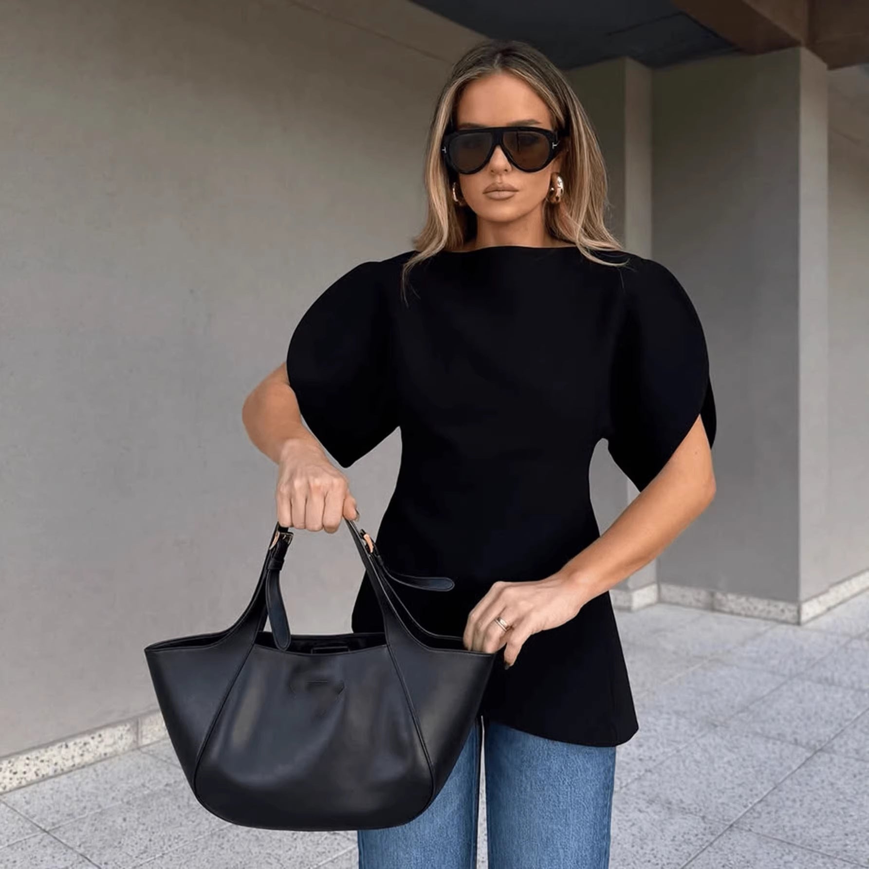 Crewneck Top With Puff Sleeves