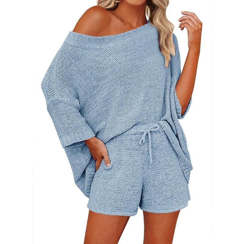 2 Piece Off Shoulder Knit Short Set