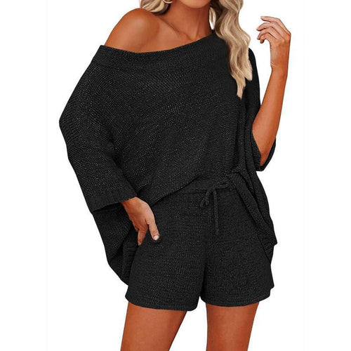 2 Piece Off Shoulder Knit Short Set
