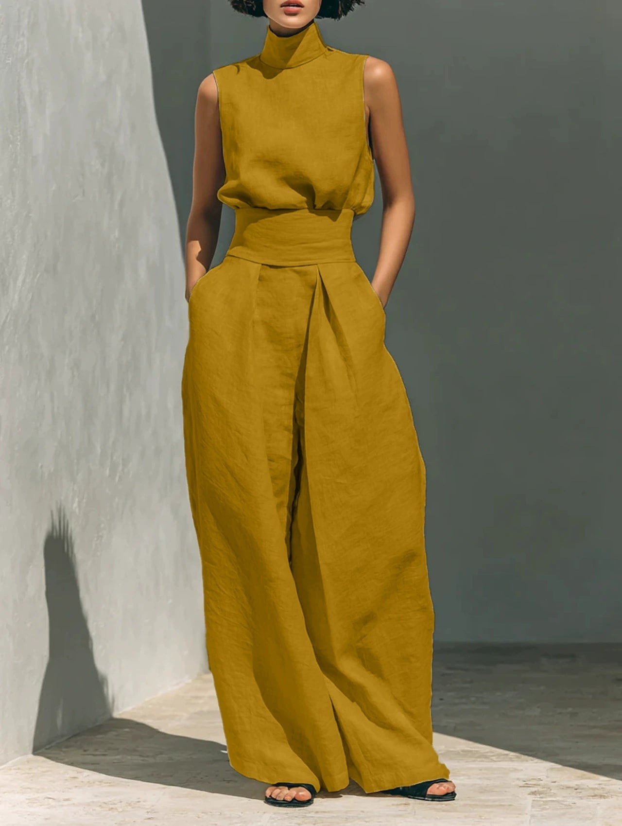 Stand-up Collar Pullover Top And Loose Straight-leg Trousers