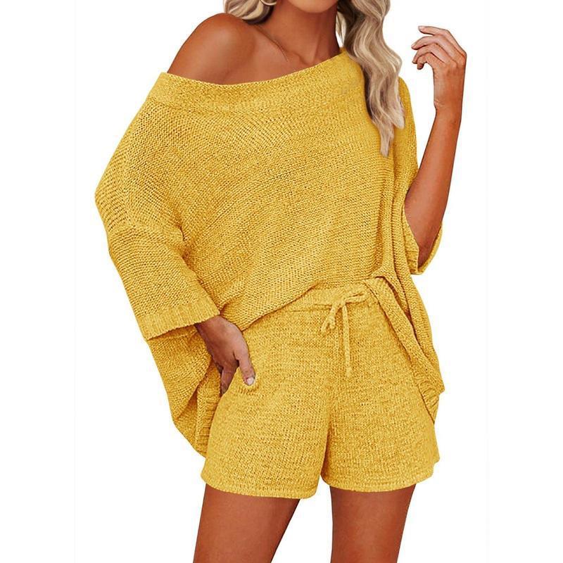 2 Piece Off Shoulder Knit Short Set