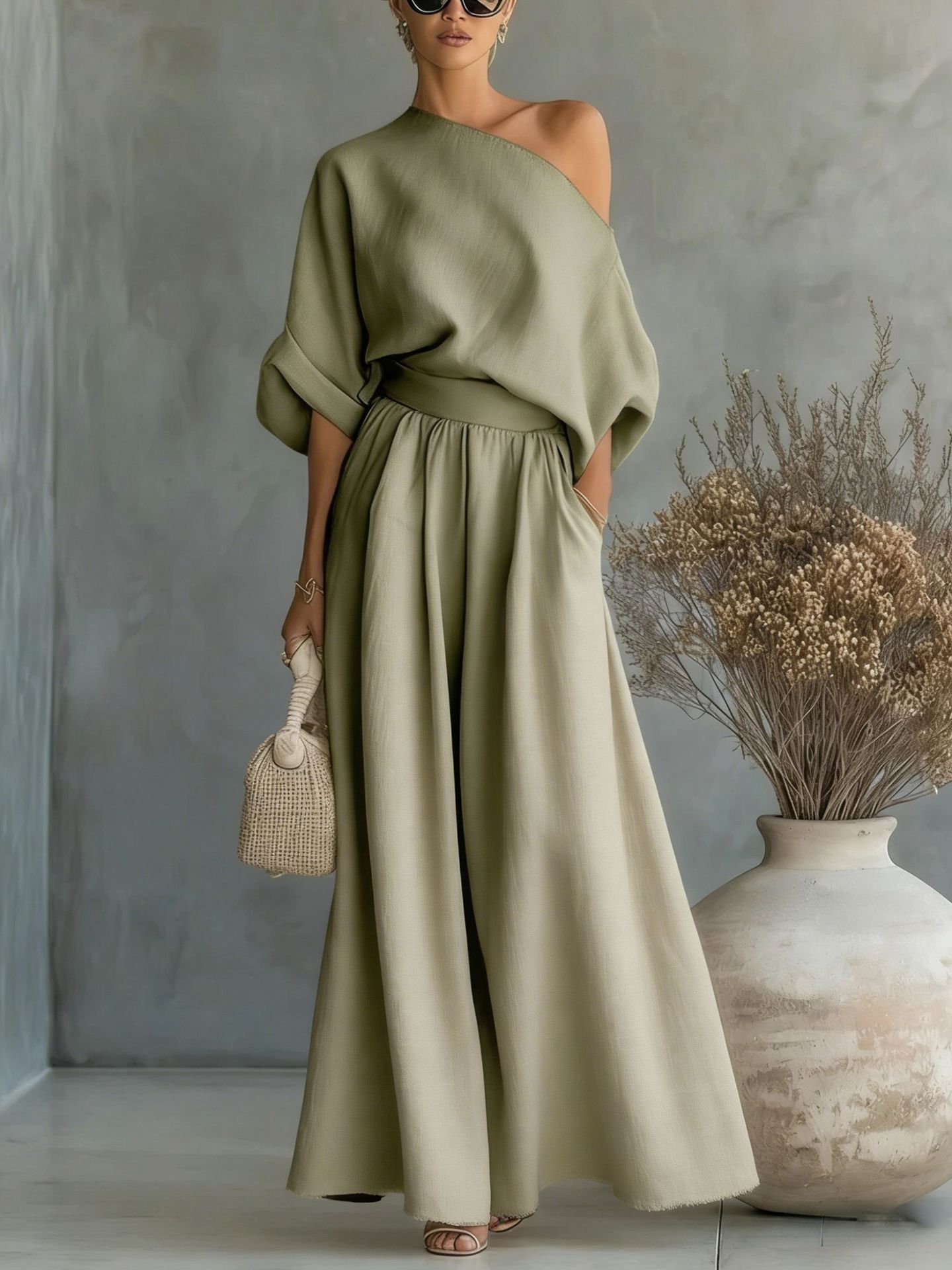Cropped Off-shoulder Top And Pants Two-piece Set