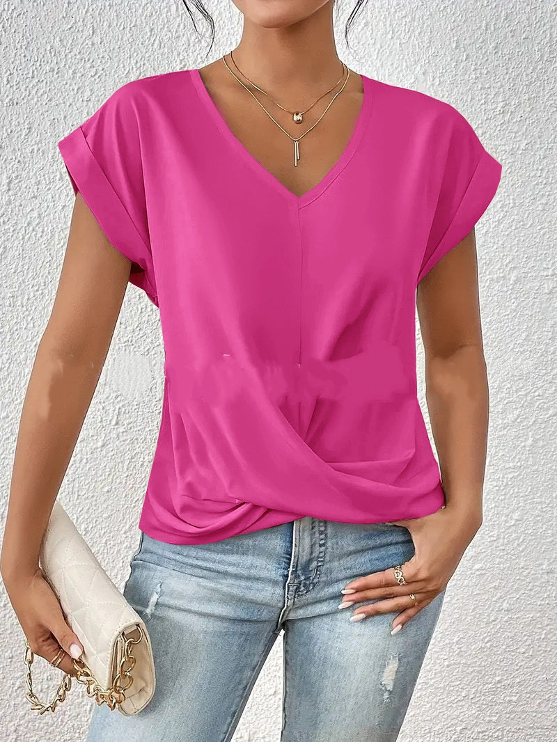 Fashion V-neck Short-sleeve T-shirt Summer Casual Irregular Knot Top For Women Clothing