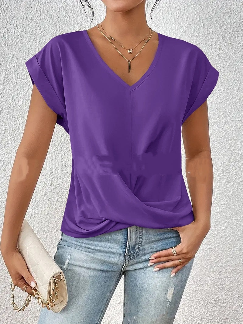 Fashion V-neck Short-sleeve T-shirt Summer Casual Irregular Knot Top For Women Clothing