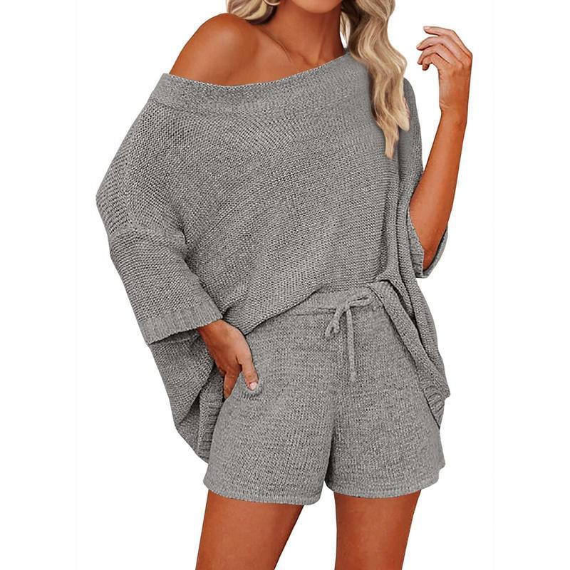 2 Piece Off Shoulder Knit Short Set