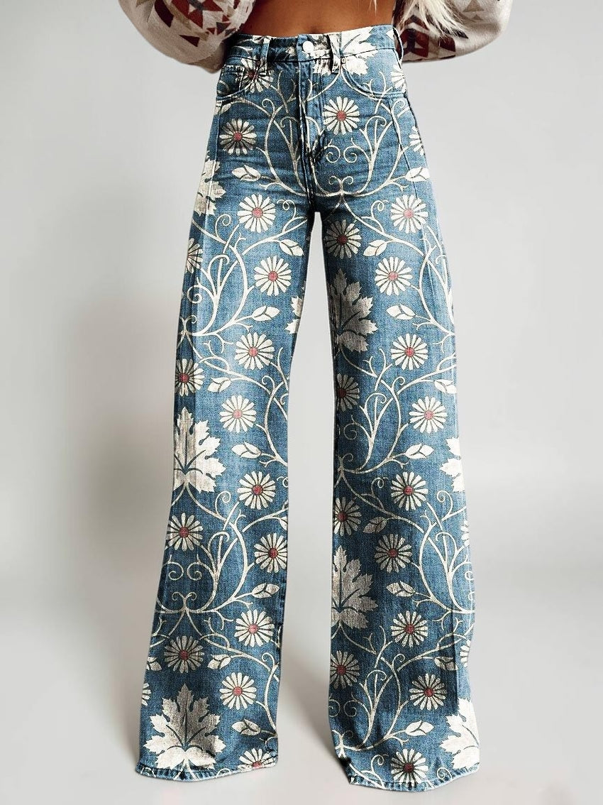 Wide-legged Pants Thermal Transfer Bell-bottom Pants Simulation Denim Trousers