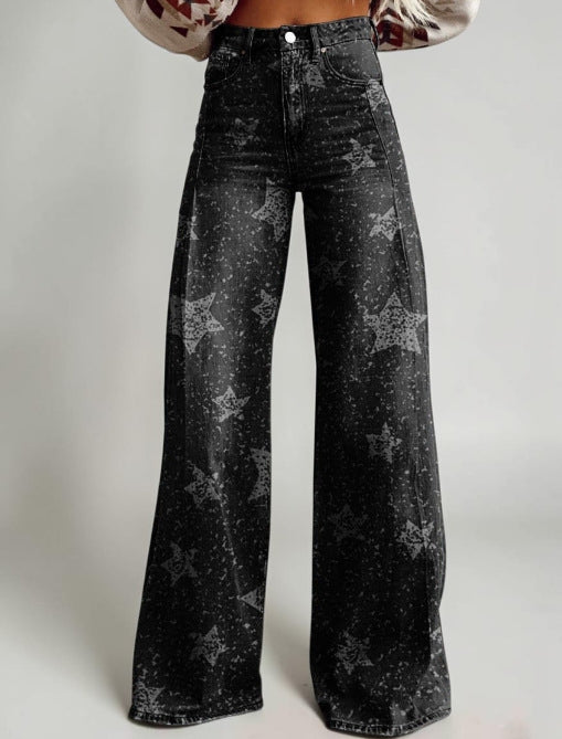 Wide-legged Pants Thermal Transfer Bell-bottom Pants Simulation Denim Trousers
