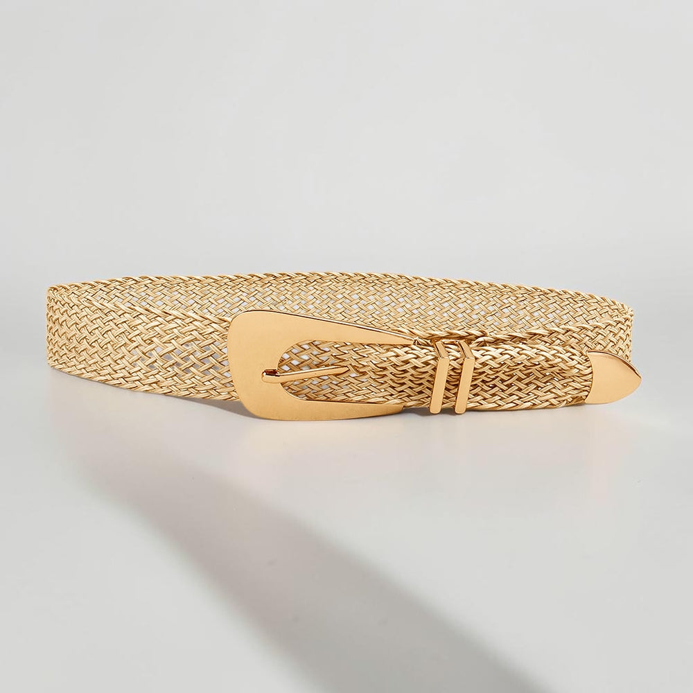 Summer New Ladies Belt PP Grass Gold Hand-woven Belt with Irregular Metal Buckle Waist Seal