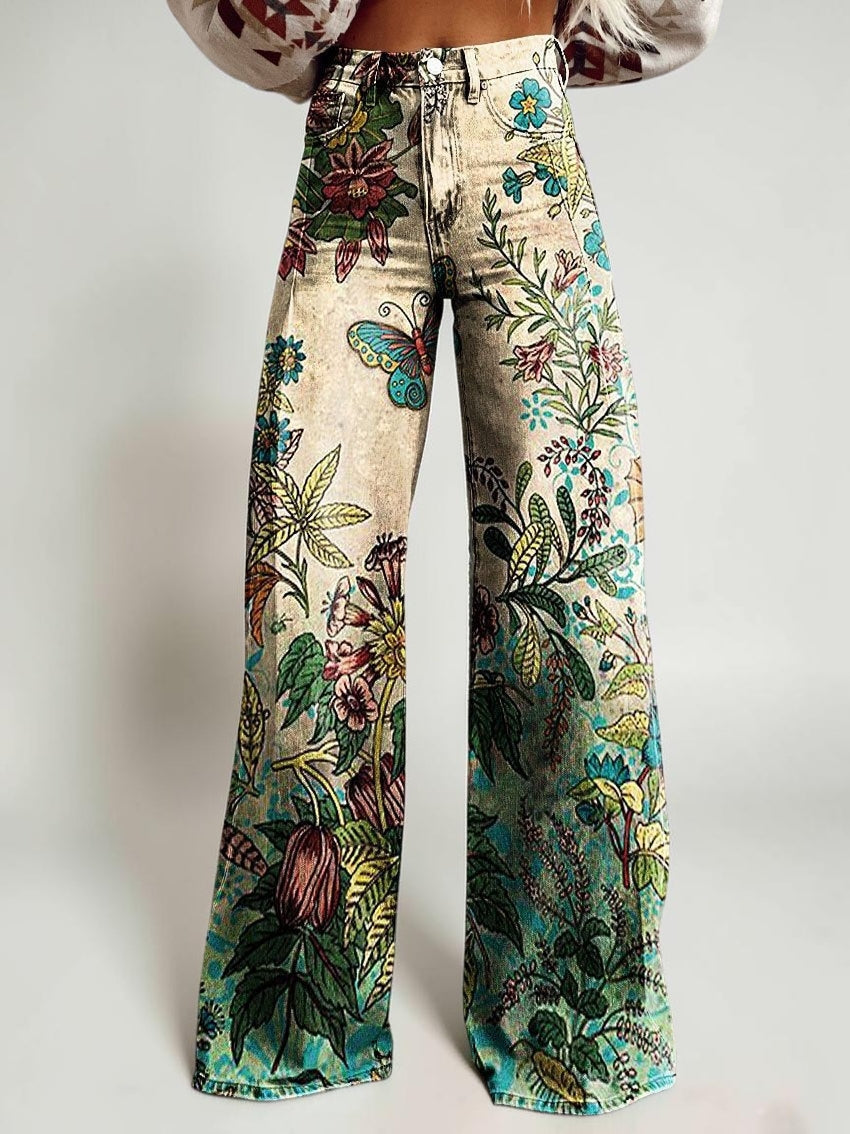 Wide-legged Pants Thermal Transfer Bell-bottom Pants Simulation Denim Trousers