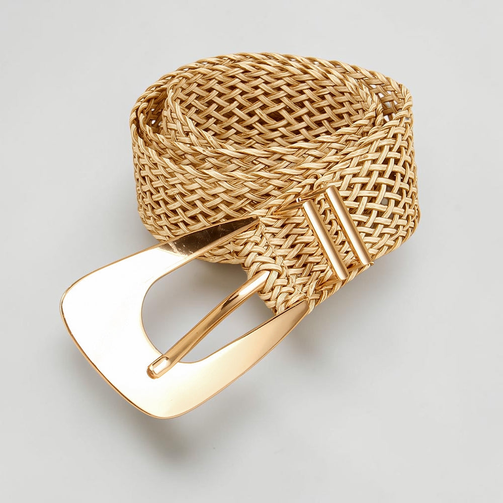 Summer New Ladies Belt PP Grass Gold Hand-woven Belt with Irregular Metal Buckle Waist Seal
