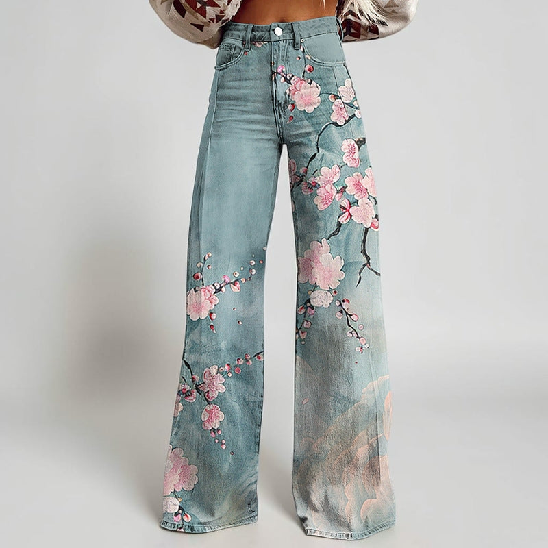 Wide-legged Pants Thermal Transfer Bell-bottom Pants Simulation Denim Trousers