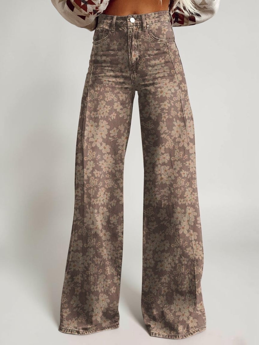 Wide-legged Pants Thermal Transfer Bell-bottom Pants Simulation Denim Trousers