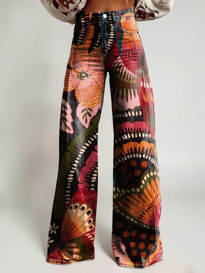 Wide-legged Pants Thermal Transfer Bell-bottom Pants Simulation Denim Trousers