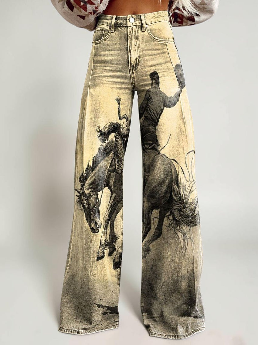 Wide-legged Pants Thermal Transfer Bell-bottom Pants Simulation Denim Trousers