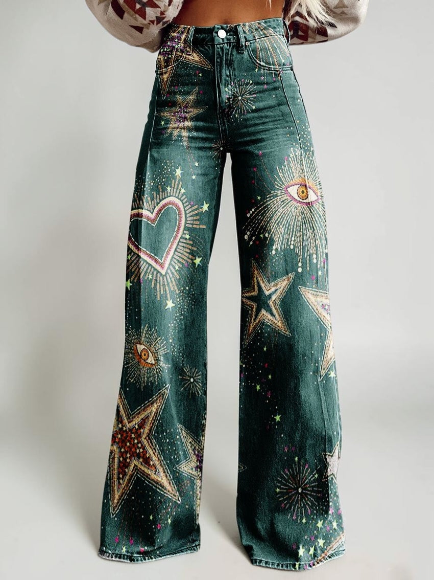 Wide-legged Pants Thermal Transfer Bell-bottom Pants Simulation Denim Trousers