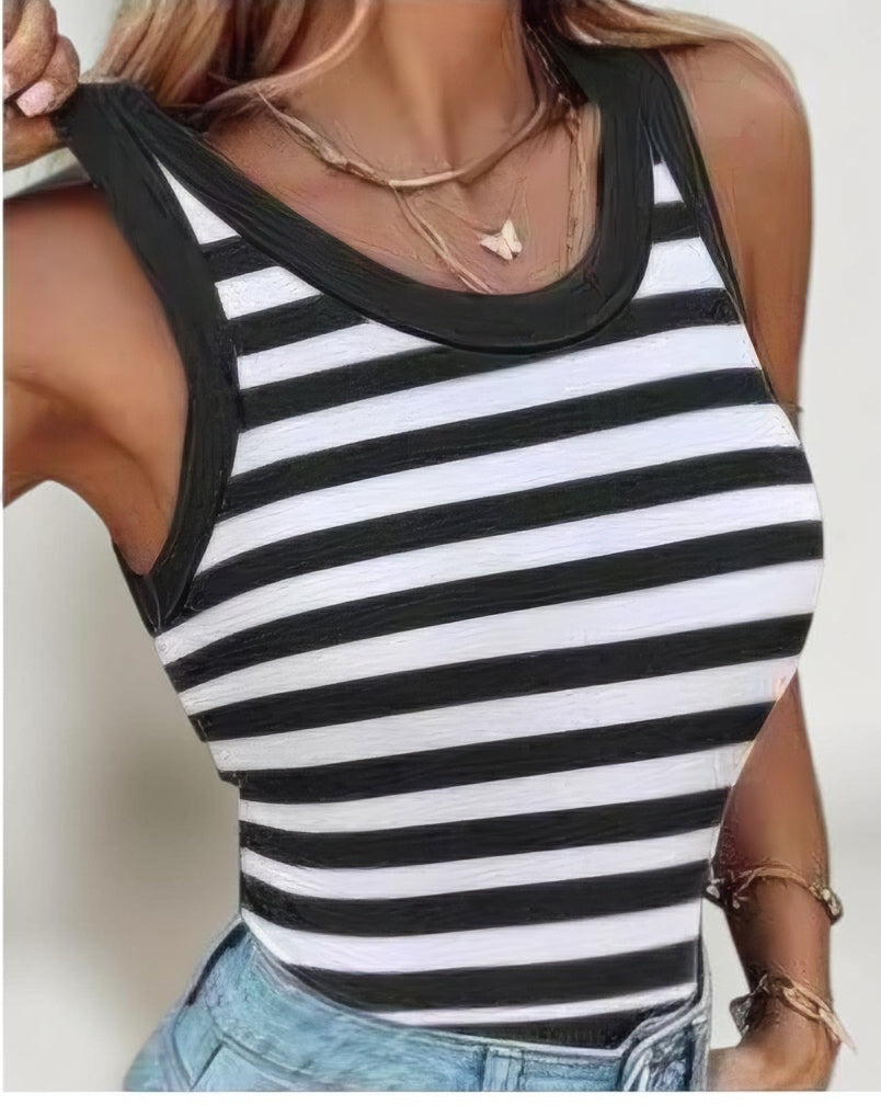 Slim Striped Vest With Bralette Ins Fashion Round Neck Sleeveless Tank Tops For Women Clothing