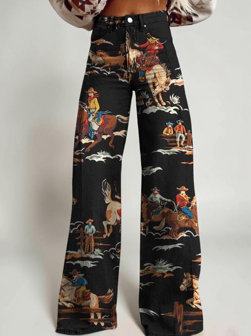 Wide-legged Pants Thermal Transfer Bell-bottom Pants Simulation Denim Trousers