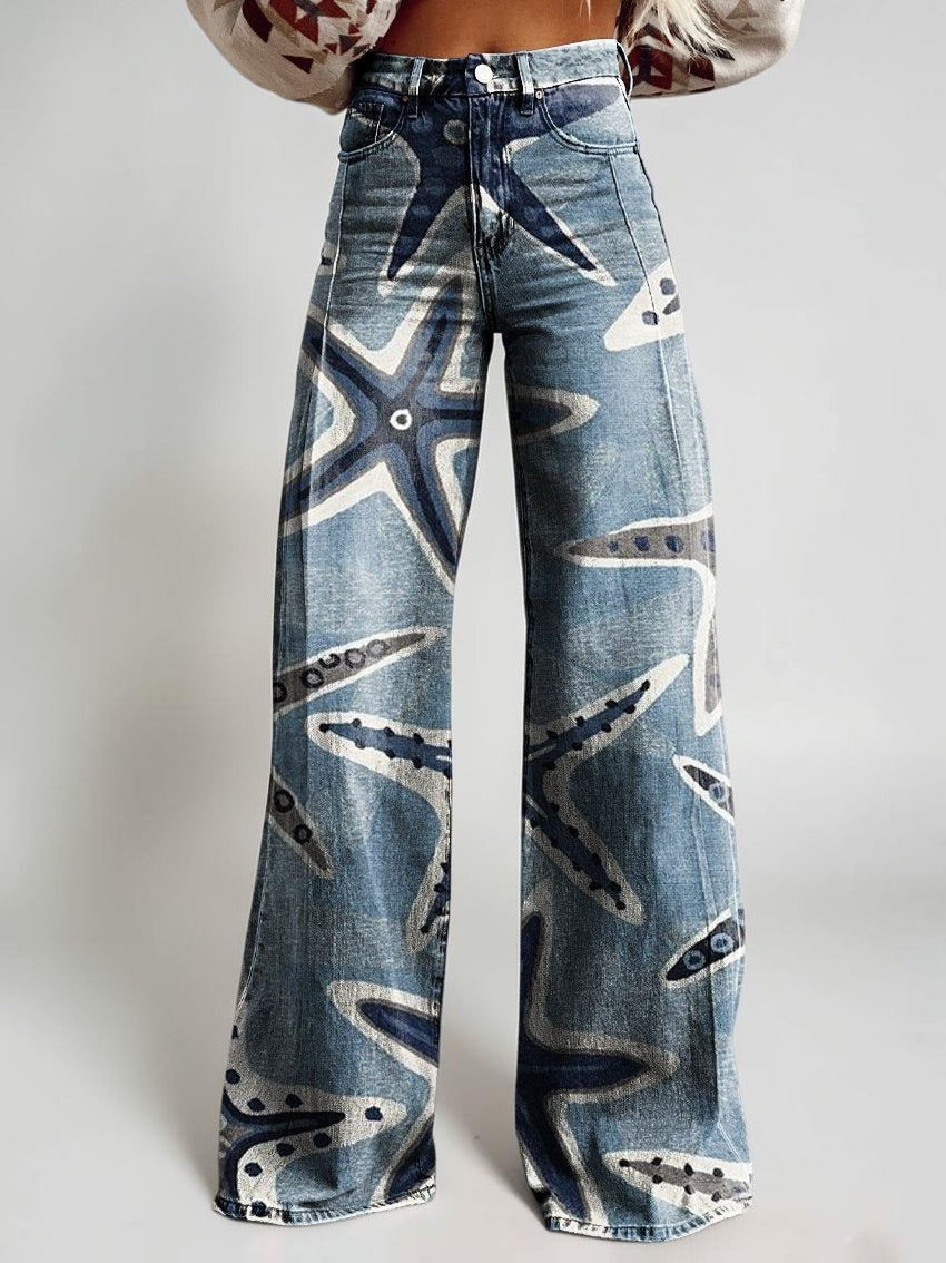 Wide-legged Pants Thermal Transfer Bell-bottom Pants Simulation Denim Trousers