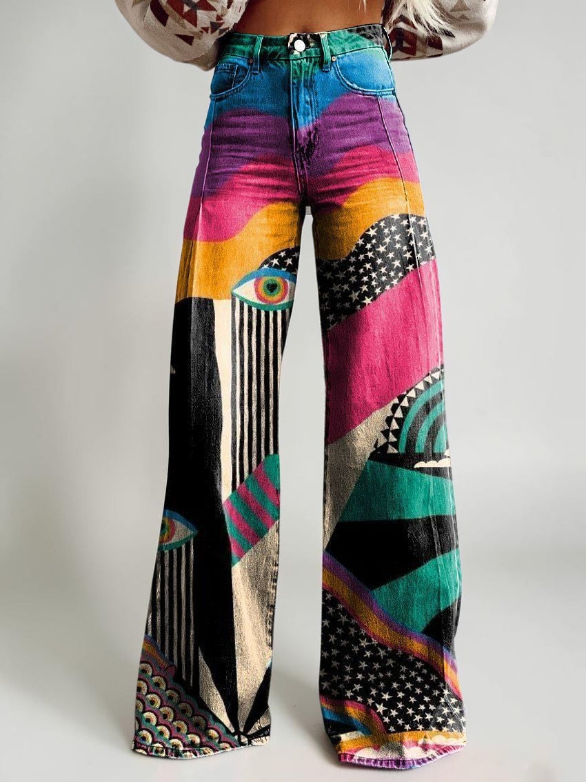 Wide-legged Pants Thermal Transfer Bell-bottom Pants Simulation Denim Trousers