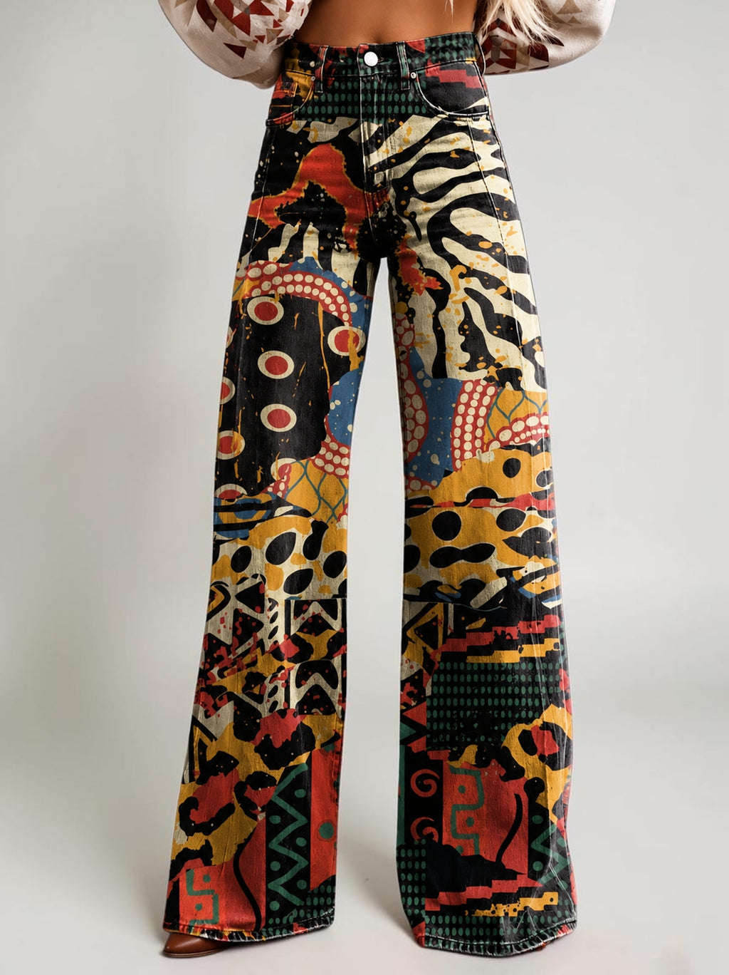 Wide-legged Pants Thermal Transfer Bell-bottom Pants Simulation Denim Trousers