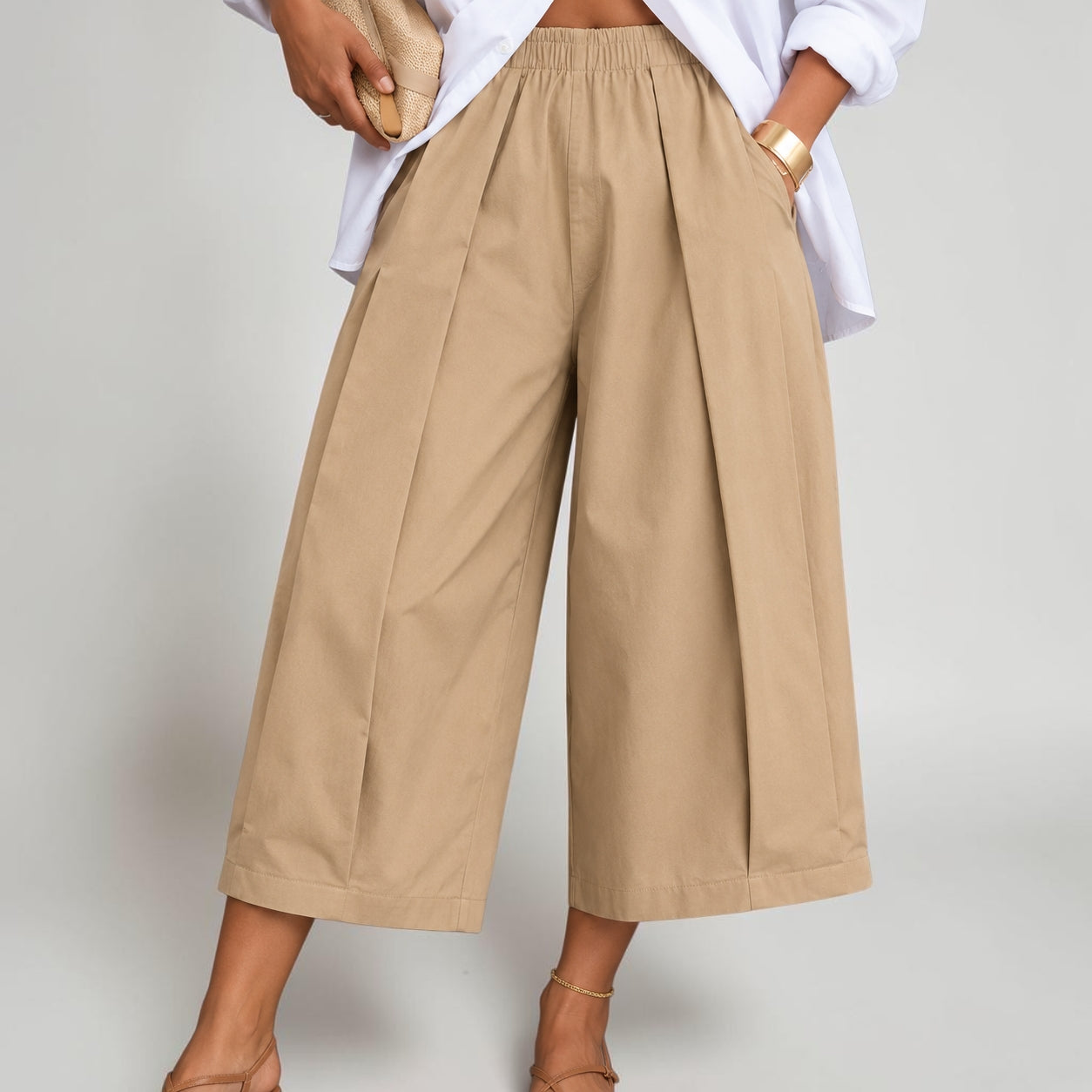 Cross-border European And American Amazon Foreign Trade New Solid Color Loose Comfort And Casual Elastic Waistband Slimming Cropped Wide-leg Pants For Women