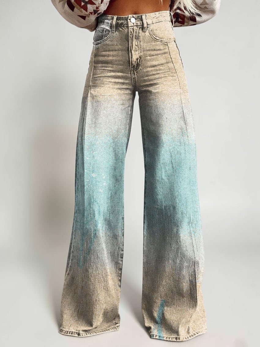 Wide-legged Pants Thermal Transfer Bell-bottom Pants Simulation Denim Trousers