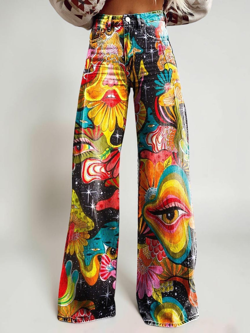 Wide-legged Pants Thermal Transfer Bell-bottom Pants Simulation Denim Trousers