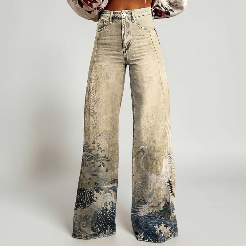 Wide-legged Pants Thermal Transfer Bell-bottom Pants Simulation Denim Trousers
