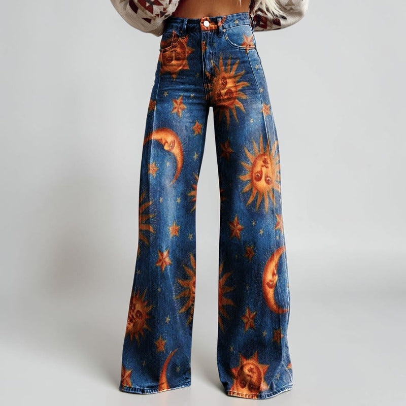 Wide-legged Pants Thermal Transfer Bell-bottom Pants Simulation Denim Trousers