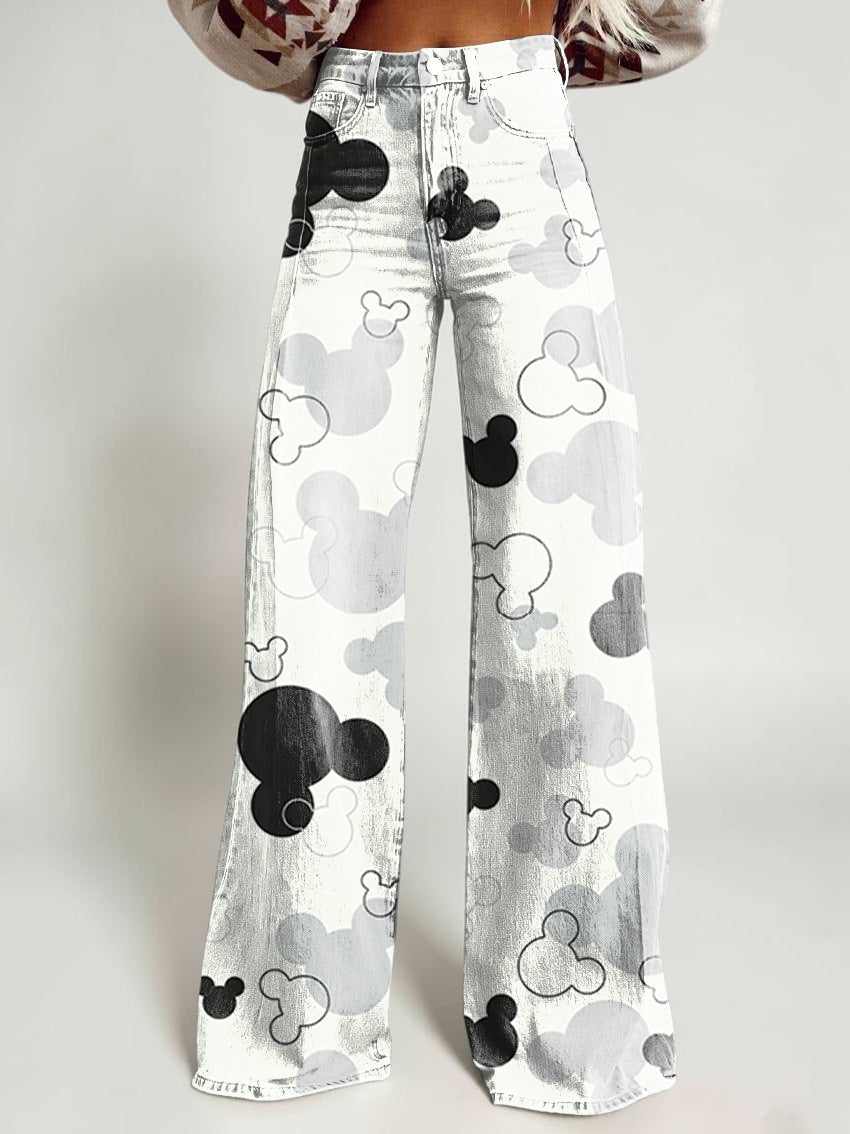 Wide-legged Pants Thermal Transfer Bell-bottom Pants Simulation Denim Trousers