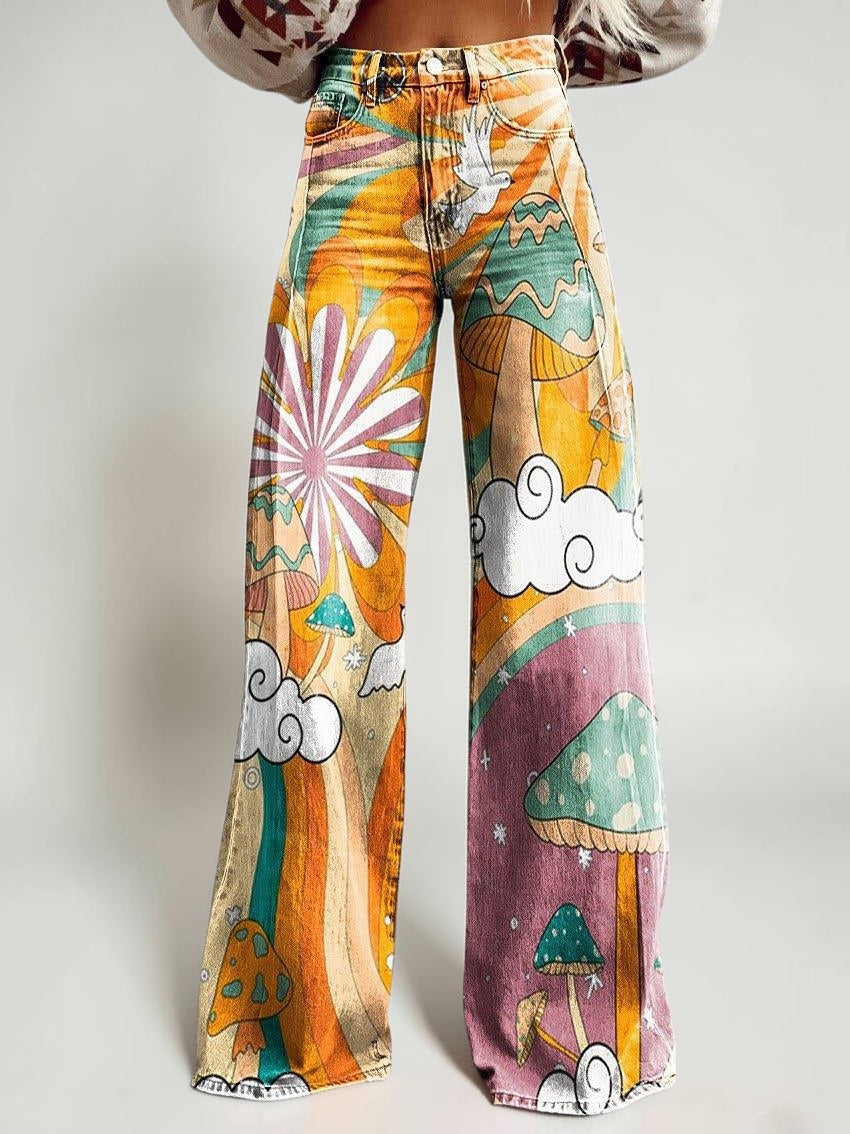 Wide-legged Pants Thermal Transfer Bell-bottom Pants Simulation Denim Trousers
